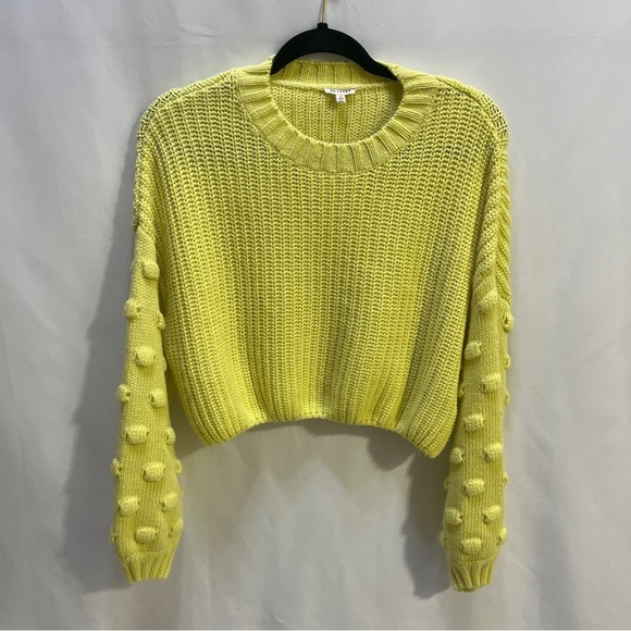 EN CRÈME Womens Cropped Yellow Sweater Puff Crocheted Long Sleeves Size Small - Picture 1 of 9